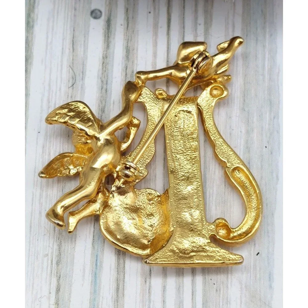 Vintage Gold Tone Harp Brooch Pin Cupid Angels Rhinestone Heart 1.75